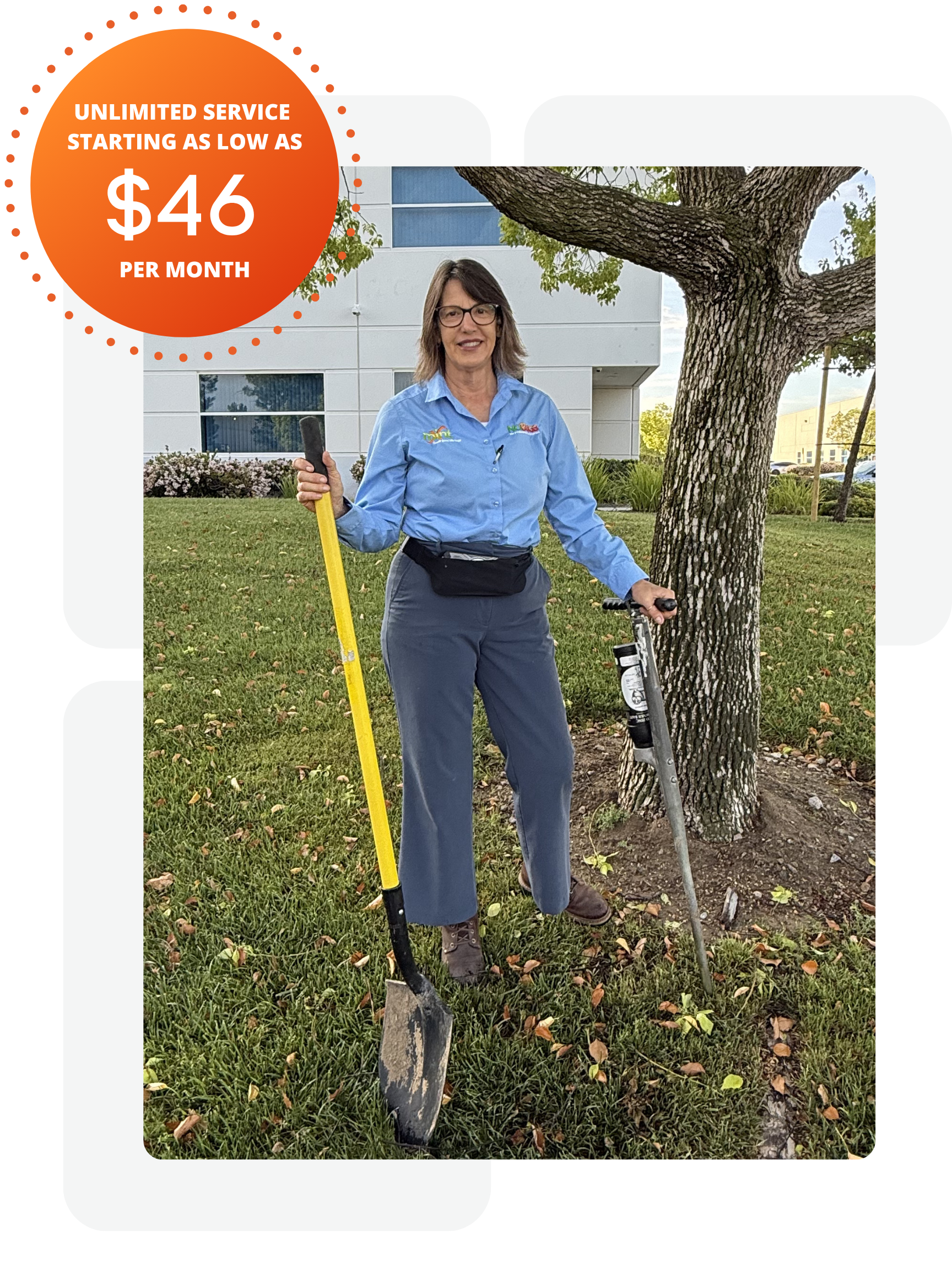 Technician in image with sign stating Unlimited Service for $46:month