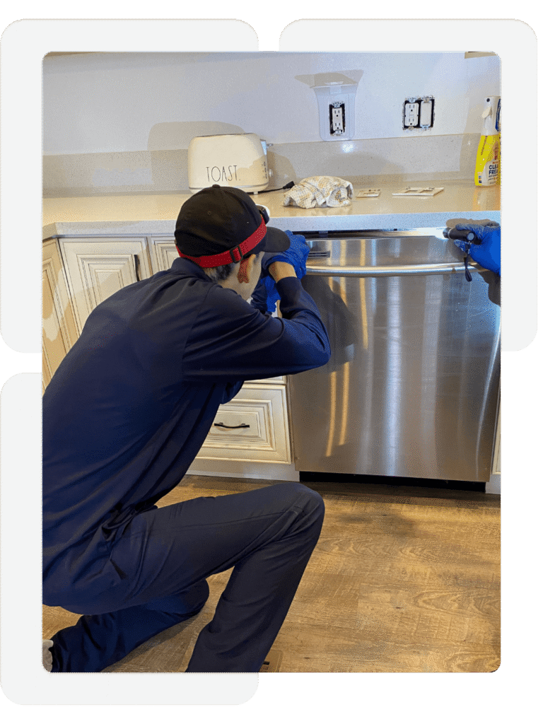 Technicians Investigating a Dishwasher for German Roaches