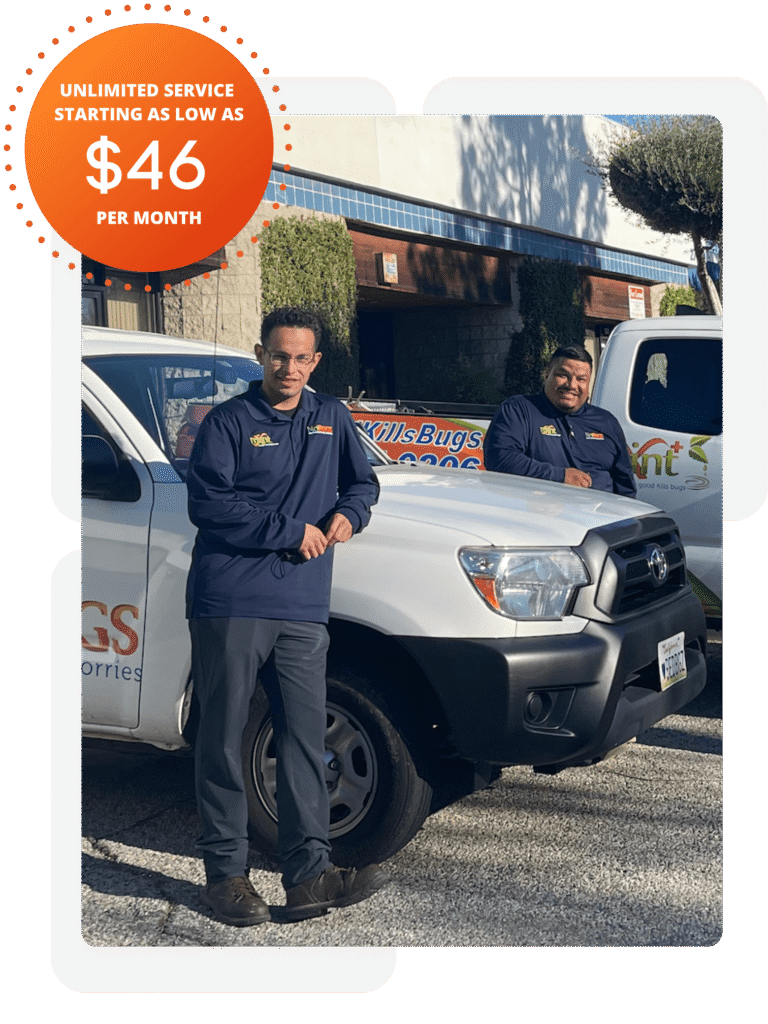 No Bugs Technicians standing in front of a company truck with a sign stating $6:month to start